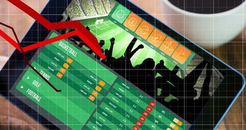 Tablet displaying sports betting dashboard with live odds and red down arrow