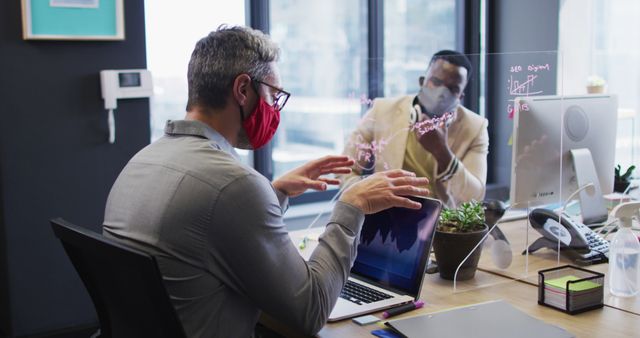 Business Meeting During Pandemic with Face Masks and Social Distancing - Download Free Stock Images Pikwizard.com