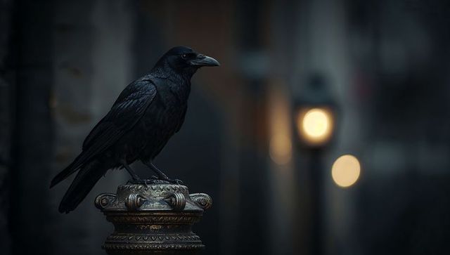 Mysterious Black Raven Watching Dusk-lit Urban Alley