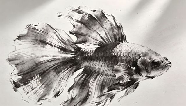 Monochrome ink betta fish illustration with flowing fins and textured charcoal wash