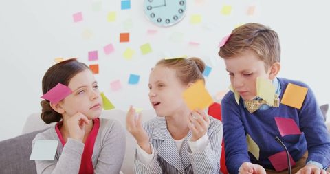Children Brainstorming with Colorful Sticky Notes in Home Setting - Download Free Stock Images Pikwizard.com