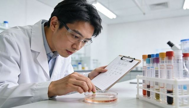 Scientist examining bacterial culture in petri dish recording observations on clipboard