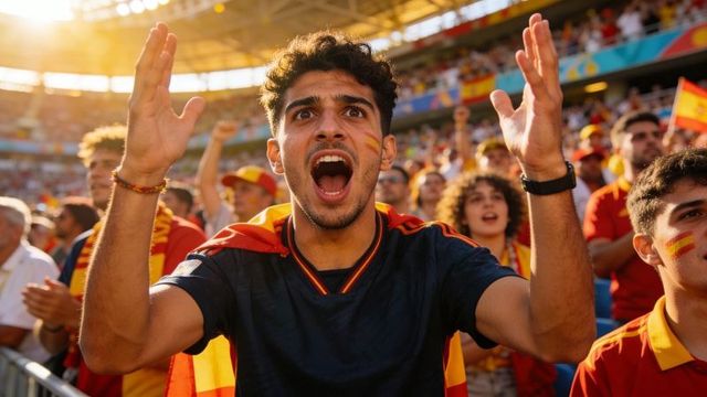 Sunlit spanish football fan cheering passionately, arms raised in packed stadium crowd