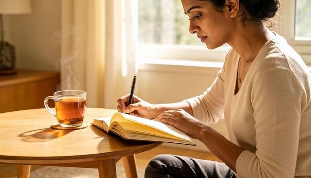 Cozy morning journaling woman writing in notebook with steaming tea at sunlit table