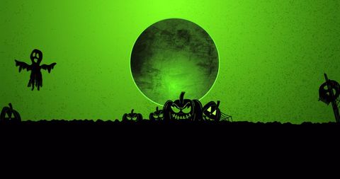 Halloween Cemetery Scene with Spooky Ghosts and Full Moon