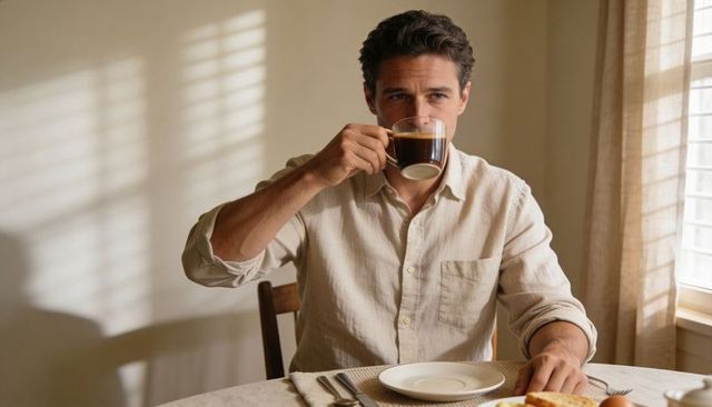 Sunlit morning man sipping coffee at breakfast table with blinds casting striped shadows