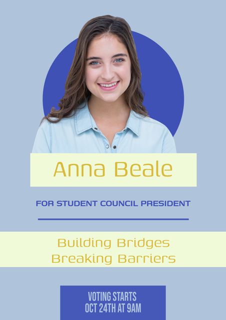 Poster illustrating a student council campaign with a smiling young woman as the candidate. It features her name and a motivational slogan 'Building Bridges, Breaking Barriers.' Ideal for use in promoting school elections, educational content, youth leadership, and student activities.