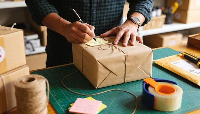 Small business wrapping and labeling kraft parcel on workbench for ecommerce shipping