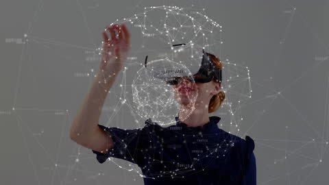 Woman Engaging with Virtual Reality Network Interface