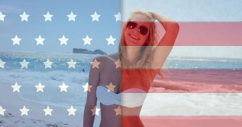 Patriotic celebration: woman enjoys summer beach day with usa iconic blend