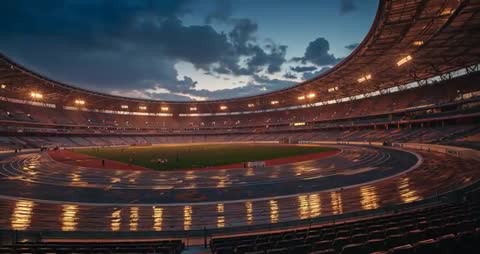 Empty Stadium Reflects Twilight Glow with Illuminating Floodlights