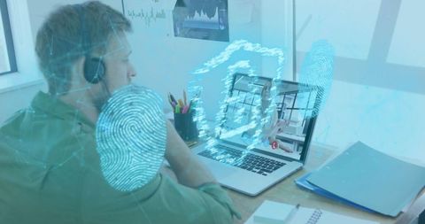 Man Using Laptop with Digital Fingerprints and Security Padlock Overlay