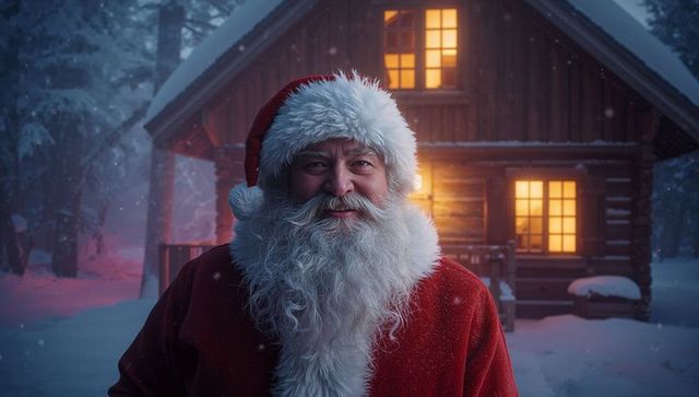 Smiling Santa Claus in Magical Christmas Eve Snowfall