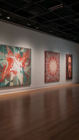 Vertical gallery camera sliding right revealing abstract mandala portrait art in warm light