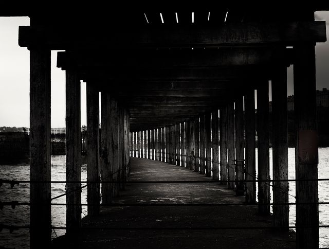 This dramatic black and white scene captures a pier with wooden columns extending towards the water, creating a striking perspective and vanishing point effect. The moody atmosphere and structural symmetry make it great for artistic, architectural, and travel use, suitable for backgrounds, editorial content, and design projects requiring a sense of depth and mood.