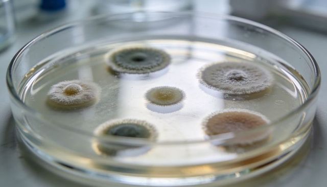 Fungal colonies growing on agar in glass petri dish laboratory closeup for research