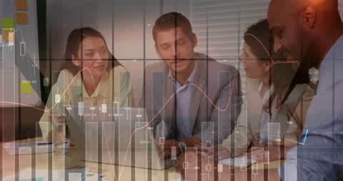 Business Team Analyzing Financial Data with Analytics Overlay