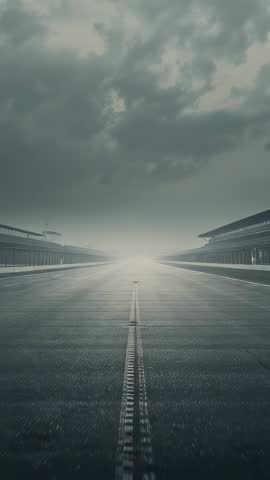 Vertical cinematic gliding along empty runway with moody clouds and pit garages
