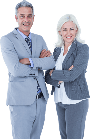 Confident Businessman and Businesswoman Crossing Arms on White