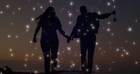 Romantic Dusk Stroll of Backlit Couple with Sparkles