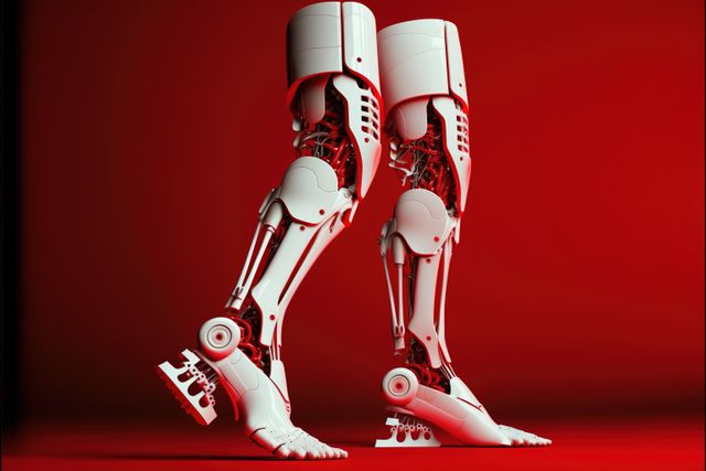 Image of cyber prosthetic of legs on red background, created using generative ai technology. Cyber, prosthetics and future concept, digitally generated image.