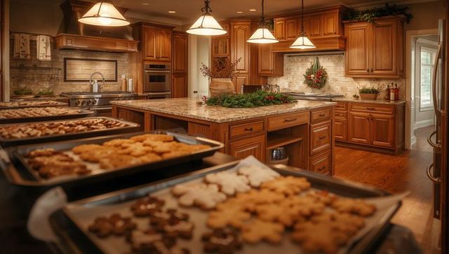 Warm rustic kitchen featuring granite island, holiday cookies on baking trays, festive decor