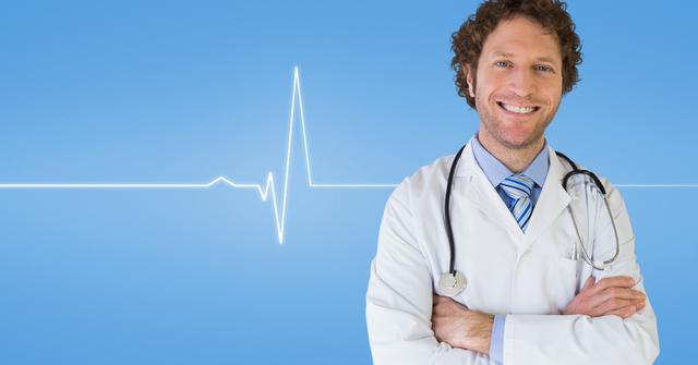 Portrait of doctor standing with arms crossed against medical background