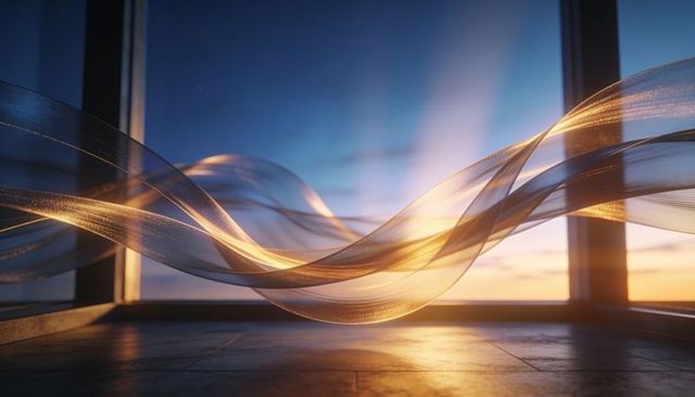 Gliding translucent silk ribbon catching golden dawn light in minimalist glass interior