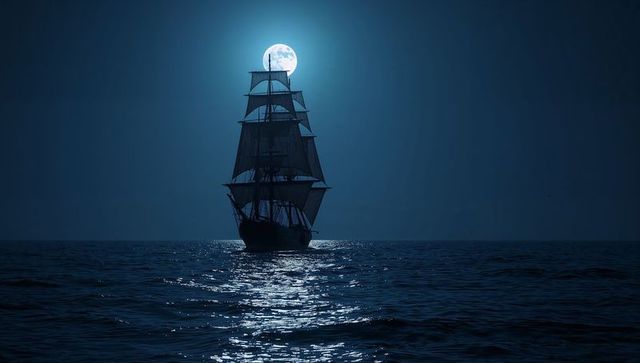 Square-rigged ship silhouette on moonlit ocean