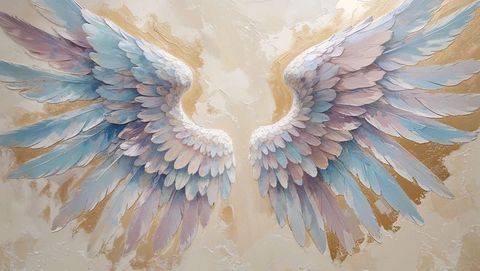Artistic decorative angel wings on textured plaster wall with gold accents