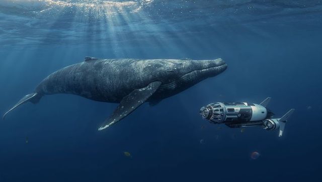 Baleen whale gliding beside futuristic research submersible under sunlit ocean