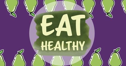 Eat healthy graphic with pears on vibrant purple background