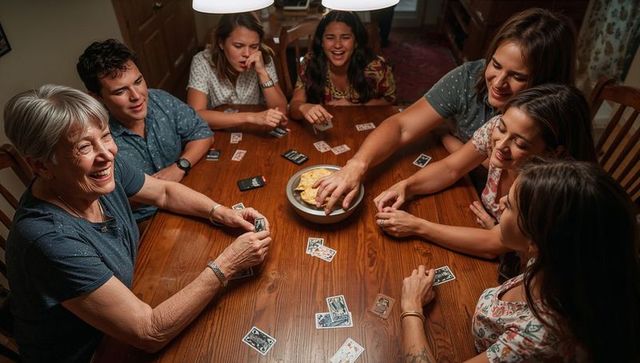 Multigenerational family laughing and playing cards during cozy game night
