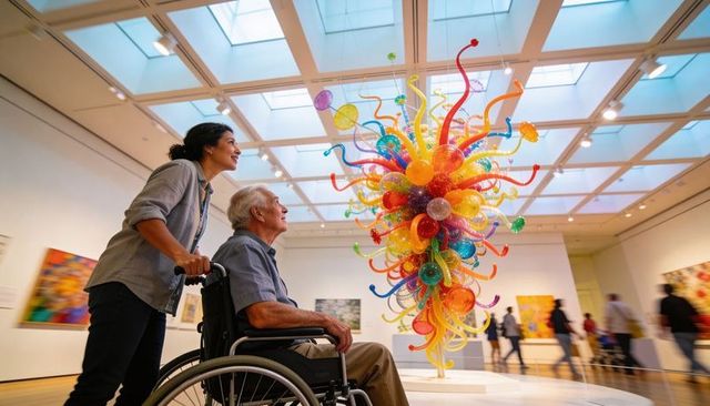 Caregiver pushing senior in wheelchair admiring colorful glass sculpture at museum gallery