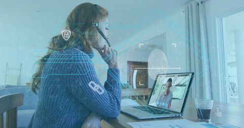 Businesswoman video conferencing with biometric security overlay