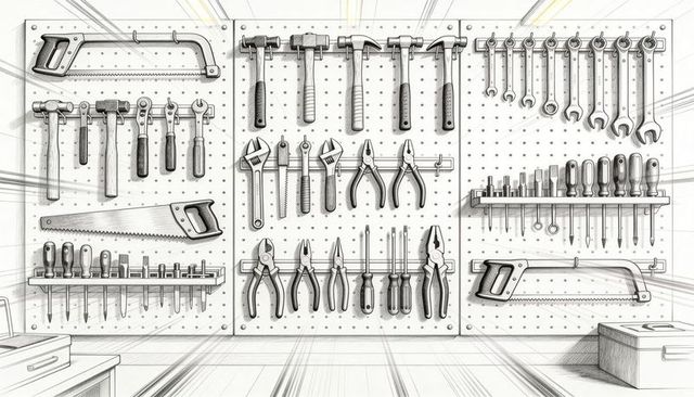 Workshop pegboard with hammers saws wrenches screwdrivers in monochrome pencil lineart