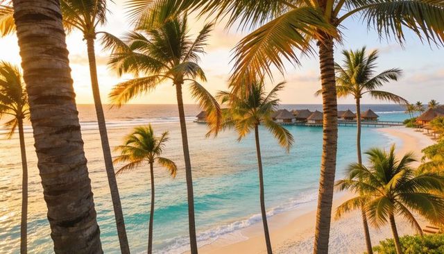 Swaying coconut palms at sunset overwater bungalows on turquoise lagoon beach resort
