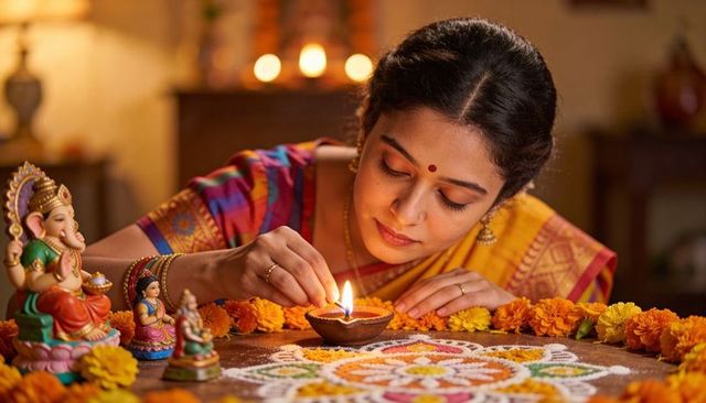 Indian woman lighting clay diya for diwali puja with colorful rangoli and ganesh statue