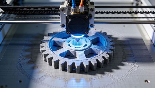 High-detail 3D printer extruding large industrial gear prototype on gantry with blue glow