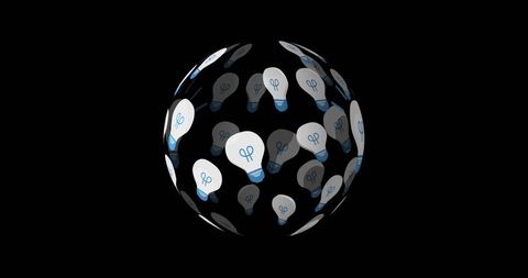 Sphere of rotating light bulb icons on black background