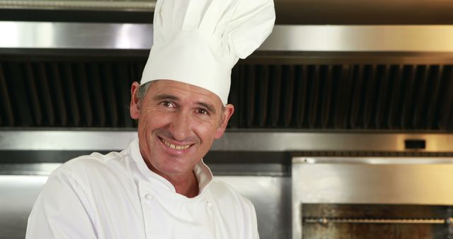 Chef smiling while working in a professional kitchen, wearing traditional white uniform and chef hat. Ideal for culinary magazines, food industry promotions, restaurant websites, and cooking class advertisements.