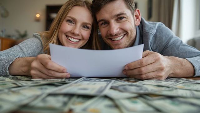 Happy couple with blank paper and dollar bills at home