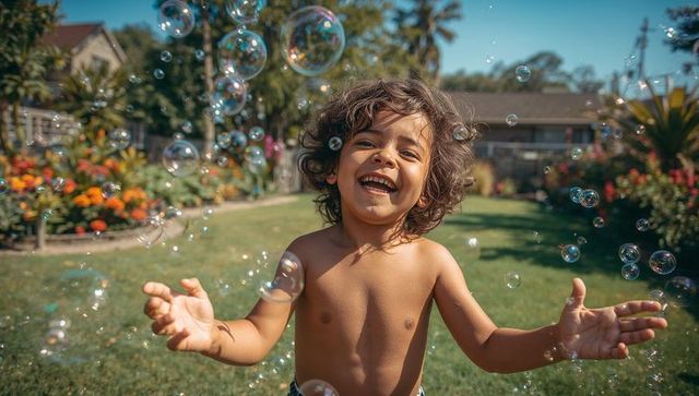 Joyful child laughing and chasing iridescent bubbles in sunlit backyard garden playtime