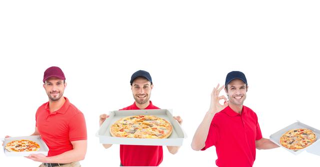 Shows smiling delivery men wearing red uniform and black cap, delivering pizza with friendly gestures. Ideal for use in advertisements, promotions for food delivery services, restaurant marketing materials, or online menus.