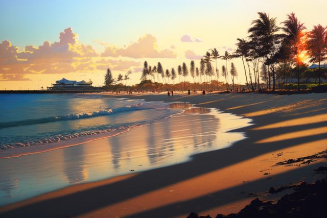 This scene features a stunning sunset over a tranquil tropical beach. Delicate waves are gently washing the golden sandy shore, with tall palm trees casting long shadows as the sun sets. In the distance, beachgoers are visible, their silhouettes adding a serene touch to the picturesque landscape. The image captures the essence of a calm Caribbean evening, perfect for travel brochures, vacation advertisements, serene environment promotions, and more.