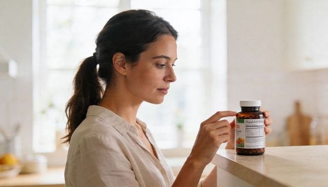 Examining supplement bottle label in bright home kitchen, woman reading nutrition facts