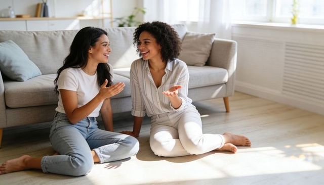 Two women chatting and laughing on sunlit living room floor, casual friendship moment