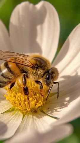 Honeybee Gathering Pollen on White Daisy in Warm Light Vertical Macro Video
