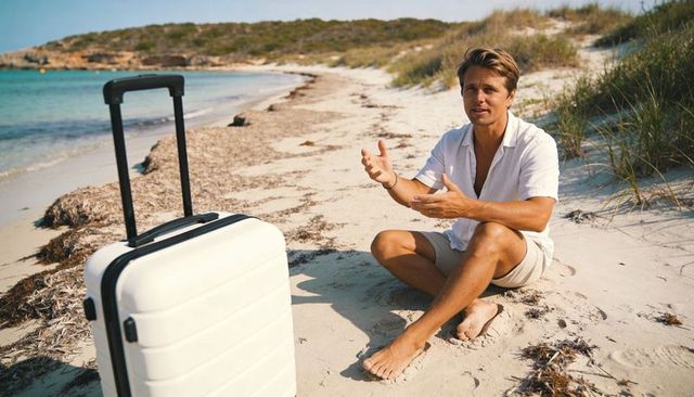 Man sitting on sandy cove gesturing next to white carry-on luggage during summer beach trip