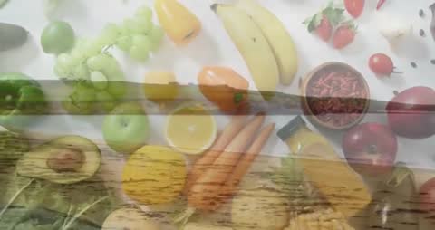 Fruits and Vegetables Merged with Tranquil Lake Landscape